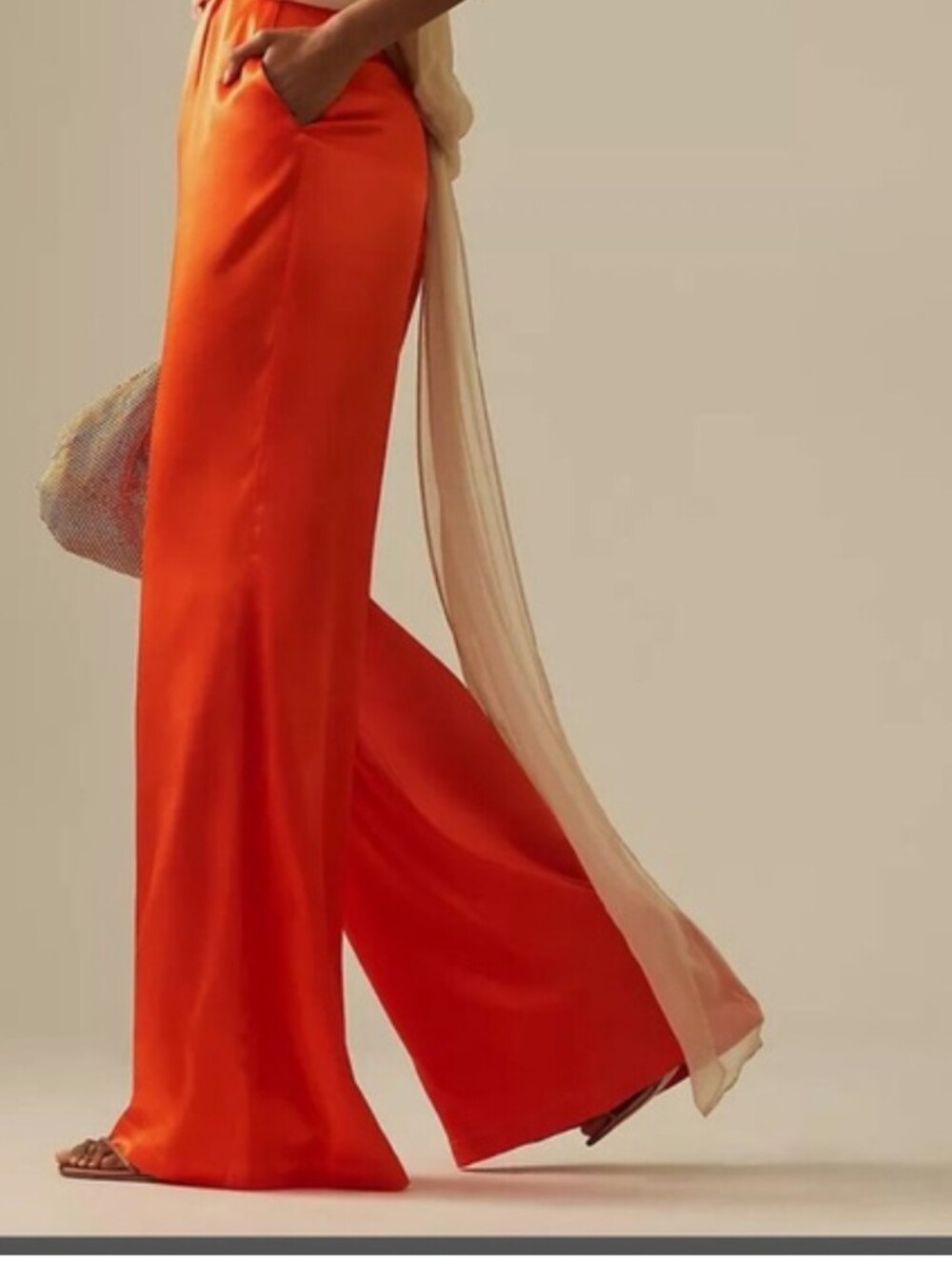 Anthropologie Vibrant Orange Satin Wide-Leg Pants - Picture 4 of 10